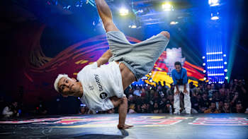 B-Boy Leony competes at the Red Bull BC One Cypher Brazil in the Memorial da America Latina in Sao Paulo, Brazil on July 22, 2023.
