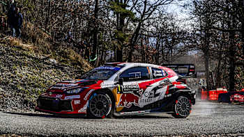 On January 21, 2026, Sébastien Ogier pilots the Toyota Gazoo Racing World Rally Team car through Monaco’s scenic Spélugues during the thrilling Rallye Monte-Carlo shakedown stage