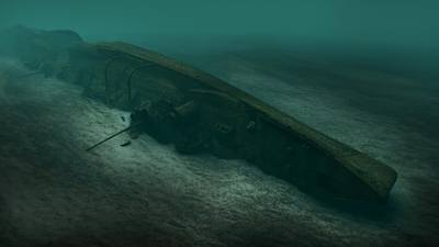 The S.M.S. Coln shipwreck lying on its 	bow side.