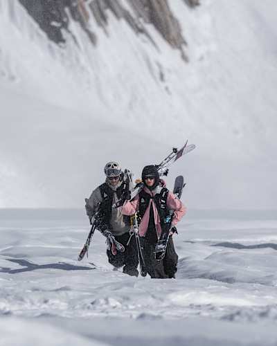 Athletes pictured scouting lines during the inaugural YETI Natural Selection Ski event in Eleven’s Winterlake Lodge, Alaska.