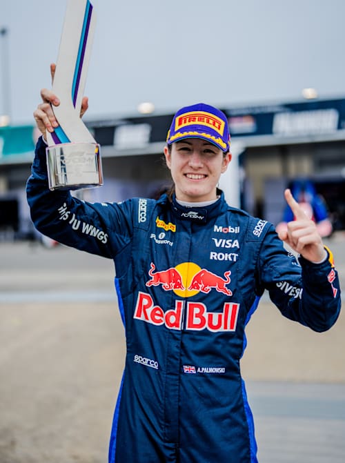 Race winner Alisha Palmowski of Great Britain and Campos Racing celebrates with her trophy at F1 Academy Race 1 in Montreal, Quebec, May 2026. (Photo by Sona Maleterova/Getty Images)