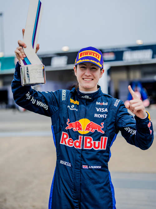 Race winner Alisha Palmowski of Great Britain and Campos Racing celebrates with her trophy at F1 Academy Race 1 in Montreal, Quebec, May 2026. (Photo by Sona Maleterova/Getty Images)