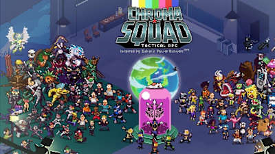 Imagem do jogo Chroma Squad com um logo com o nome do jogo bem grande no centro e no fundo um série de personagens de Tokusatsus nele