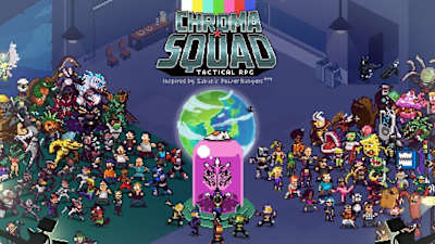 Imagem do jogo Chroma Squad com um logo com o nome do jogo bem grande no centro e no fundo um série de personagens de Tokusatsus nele