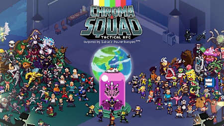 Imagem do jogo Chroma Squad com um logo com o nome do jogo bem grande no centro e no fundo um série de personagens de Tokusatsus nele