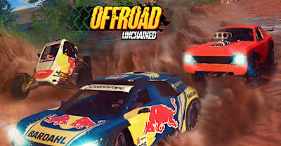 Artwork aus Offroad Unchained für iOS und Android zeigt verschiedene Dirt-Rally-Boliden beim Rennen auf Matsch