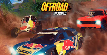 Artwork aus Offroad Unchained für iOS und Android zeigt verschiedene Dirt-Rally-Boliden beim Rennen auf Matsch