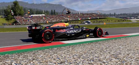 Screenshot from F1 24 shows Max Verstappen's Red Bull car in front of the Iron Bull at the Red Bull Ring