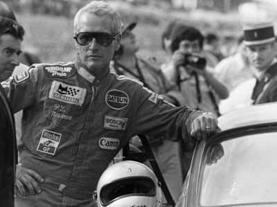 A photo of film star Paul Newman in his racing suit at the 24 Hours of Le Mans.