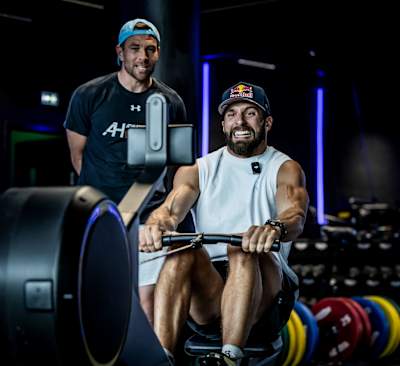 Alexander Rončević seen on a rowing machine during training for HYROX competition.