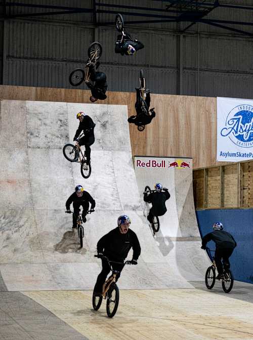 Kieran Reilly with his world first triple flair at Asylum skatepark in Nottingham, United Kingdom.
