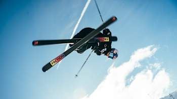 Eileen Gu performs an aerial trick at the halfpipe in Kitzsteinhorn, Austria on November 23, 2023.