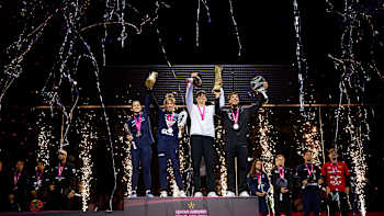 Claudia Fernandez Sanchez, Beatriz Gonzalez Fernandez, Agustin Tapia and Arturo Coello celebrate with their winner trophies at the Qatar Airways Premier Padel Finals in Barcelona, Spain, 2025