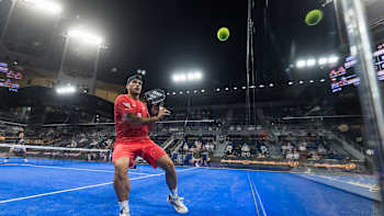 Spain's Alejandro Galán showcases his skill at the Ooredoo Qatar Major Premier Padel in Doha, April 2025, delivering intense action on the vibrant blue court