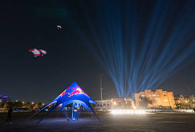Red Bull athletes land at the national stadium in Karachi