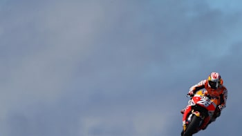 MotoGP rider Dani Pedrosa rides the Repsol Honda at the Phillip Island circuit.