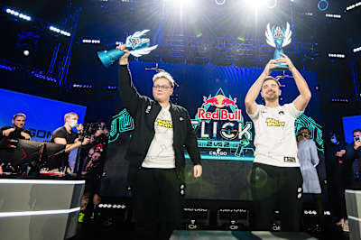 Boris 'magixx' Vorobyev and Viktor 'somedieyoung' Orudzhev of team Spirit celebrate winning at the Red Bull Flick 2021 Invitational in Helsinki, Finland on November 20, 2021