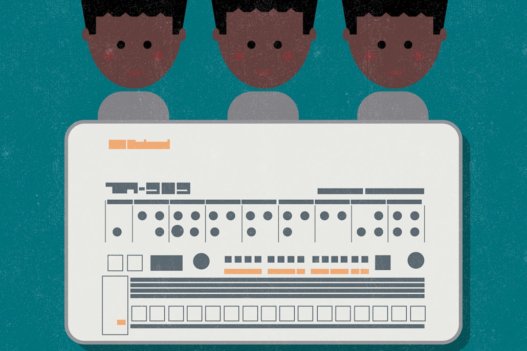 An illustration of three school kids and a Roland TR-909 drum machine synth.