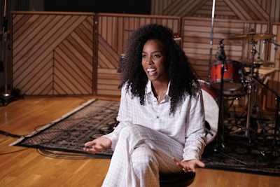 A photo of Kelly Rowland being interviewed at Red Bull Studios in Santa Monica for Red Bull Music Studio Sessions: The Kelly Rowland Edition.