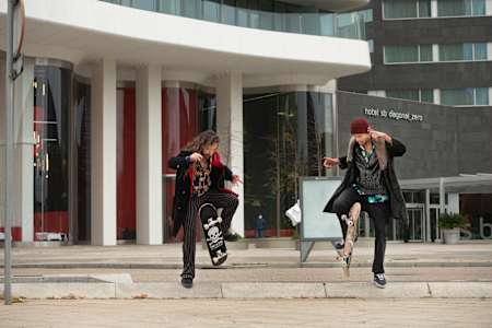 Madars Apse and Richie Jackson doing No Comply flips in Barcelona, Spain