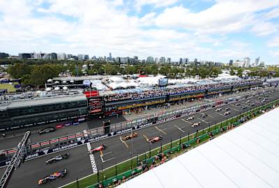 The drivers battle for track position at the race start during the F1 Grand Prix of Australia in Melbourne in March 2026.