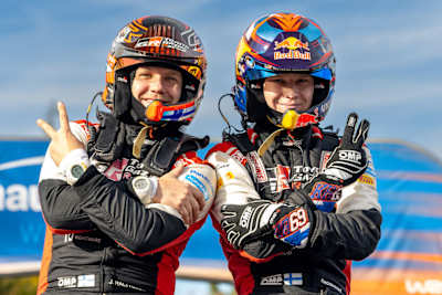 WRC driver Kalle Rovanperä and his team-mate Jonne Halttunen pose for a portrait at the Rally Central Europe in Passau.