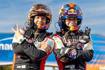 WRC driver Kalle Rovanperä and his team-mate Jonne Halttunen pose for a portrait at the Rally Central Europe in Passau.