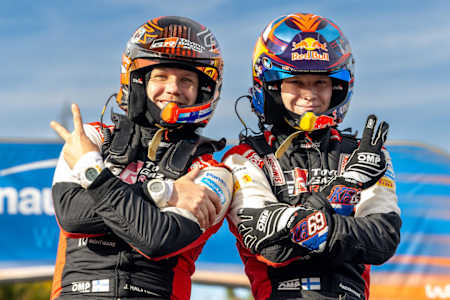 WRC driver Kalle Rovanperä and his team-mate Jonne Halttunen pose for a portrait at the Rally Central Europe in Passau.