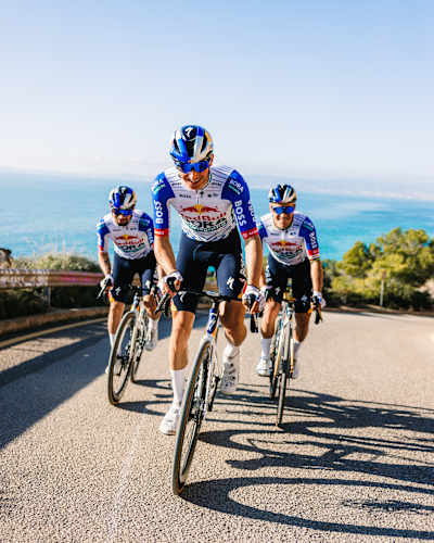 Primož Roglič, Florian Lipowitz and Remco Evenepoel of the Red Bull - BORA - hansgrohe team are photographed during a training session in Palma de Mallorca, Spain on December 8, 2025. 