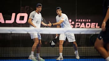 Juan Lebron (L) and Alejandro Galan (R) of Spain seen during the Ooredoo Qatar Major Premier Padel in Doha, Qatar on March 4, 2024. 