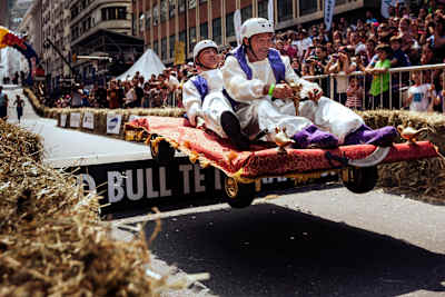 The team 'Magic Carpet' in mid-air during their run at Red Bull Soapbox Race in Buenos Aires, Argentina