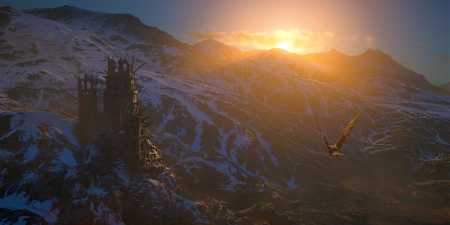 Captura de pantalla de Assassin's Creed Mirage que muestra un águila sobrevolando la fortaleza de Alamut al atardecer.