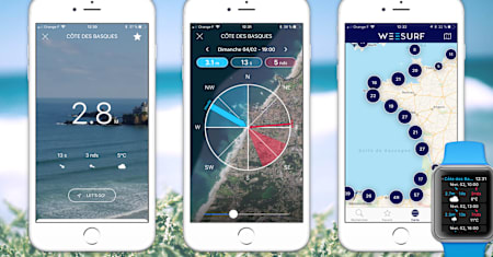 Les screenshots de l'application Météo et GPS WeeSurf, carte intéractive qui localise les points d'intérêts utiles aux surfeurs partout dans le monde (spots de surf, magasins de surf, écoles de surf).
