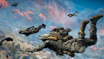 Soldaten springen mit dem Fallschirm über dem Schlachtfeld in Battlefield 6 ab, bereit, sich in das Herz des REDSEC Battle Royale-Modus zu stürzen.