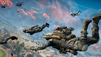 Los soldados se lanzan en paracaídas sobre el campo de batalla en Battlefield 6, listos para sumergirse en el corazón del modo REDSEC Battle Royale.
