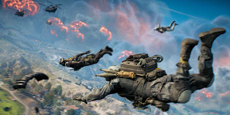 Soldaten springen mit dem Fallschirm über dem Schlachtfeld in Battlefield 6 ab, bereit, sich in das Herz des REDSEC Battle Royale-Modus zu stürzen.