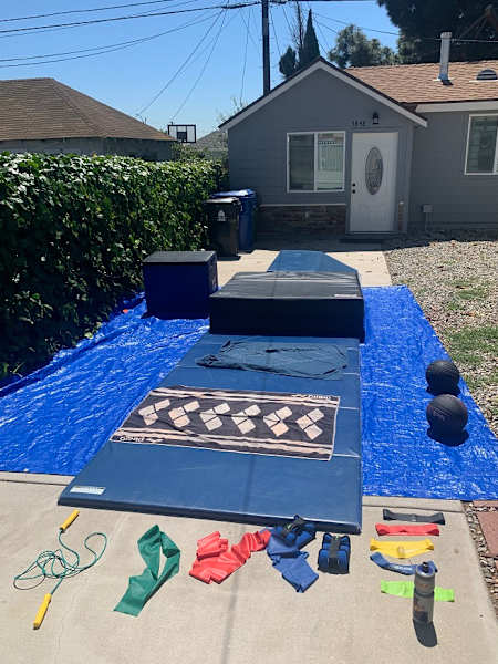 Cliff diver David Colturi shows off his training apparatus in his garden.