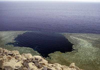 An  aerial image of the Blue Hole dive site in Dahab, Egypt.