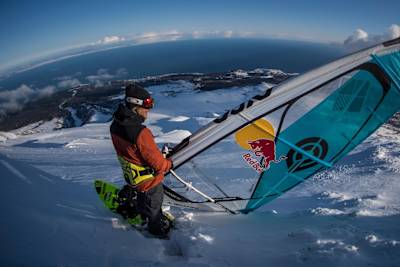 Levi Siver is seen prior testing his windsurfing powder board at Mount Rishiri in Hokkaido, Japan on March 11, 2017