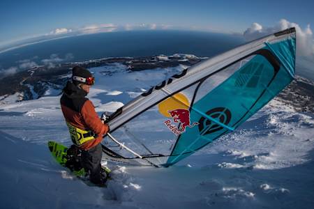 Levi Siver is seen prior testing his windsurfing powder board at Mount Rishiri in Hokkaido, Japan on March 11, 2017