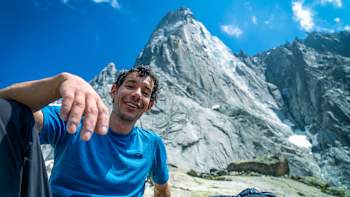 Alex Honnold at the base of the Drus after his successful solo, Chamonix, France, July 20, 2021.