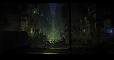 A street scene from Zaun in Arcane.