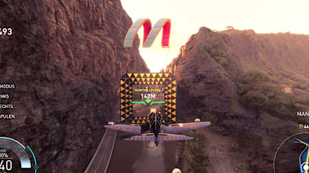 Screenshot from The Crew Motorfest shows a plane race through a narrow canyon.