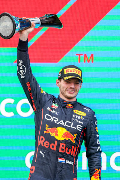 Max Verstappen of Red Bull Racing and The Netherlands celebrates finishing in first position during the F1 Grand Prix of Hungary at Hungaroring on July 31, 2022 in Budapest, Hungary.