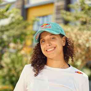 Hana Goda is pictured in Red Bull attire during the 2025 athlete announcement photoshoot at District5 in Cairo, Egypt, reflecting the brand’s vibrant and adventurous spirit.
