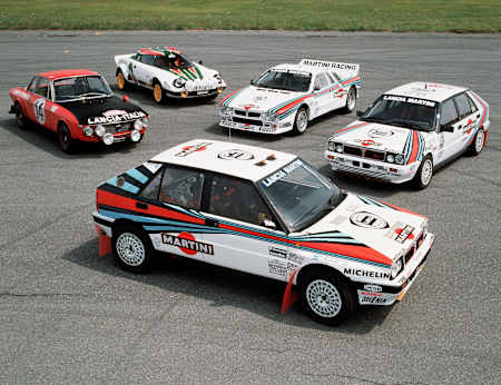 Foto de un Lancia Fulvia, un 037, un Stratos y dos Lancia Delta; Redbull.com repasa los mejores coches de rallyes de Lancia.