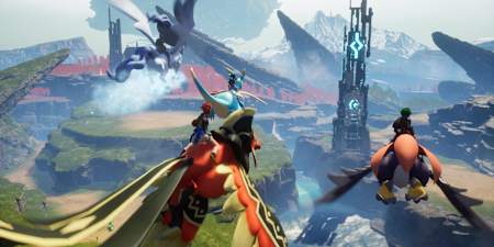 Captura de pantalla del juego Palworld muestra a varios personajes volando hacia una torre en Pals.