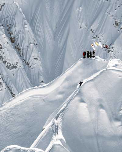 Michelle Parker in her last run, Manon Loschi at the top waiting to drop at Natural Selection on March 26, 2025 in Alaska, United States. 