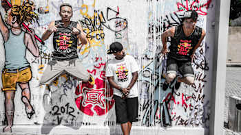 Cico, Pelezinho and Taisuke pose for a portrait before Red Bull BC One.