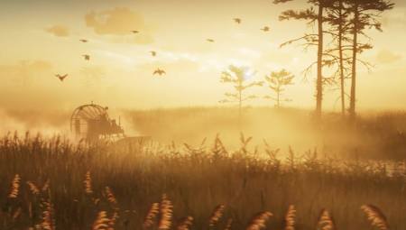 Screenshot from the GTA 6 trailer shows a swamp boat at sunset.